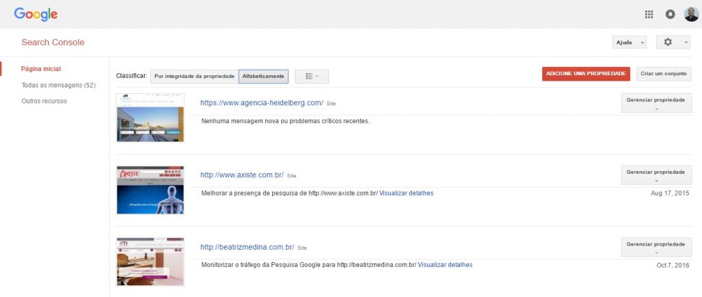 Google Search Console - Página principal