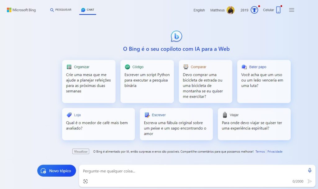 Tela inicial do Chat do Bing
