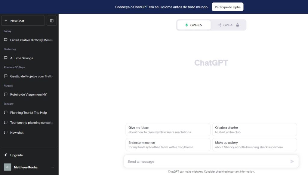 Tela inicial do ChatGPT