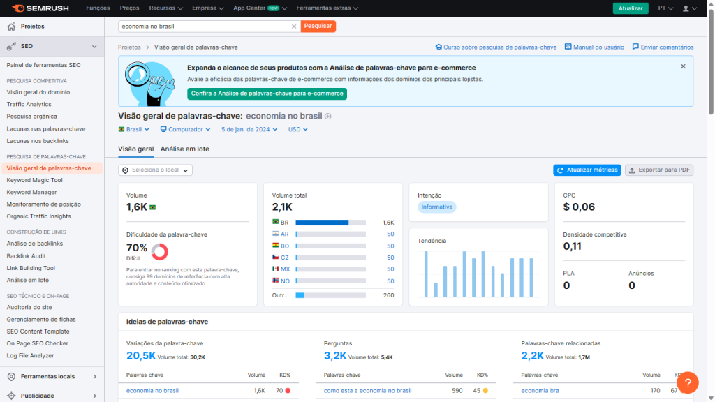 Print mostrando um exemplo de pesquisa de palavras-chave na Semrush