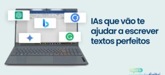 Imagem de um computador com logos de várias inteligências artificiais e o seguinte texto ao lado: IAs que vão te ajudar a escrever textos perfeitos