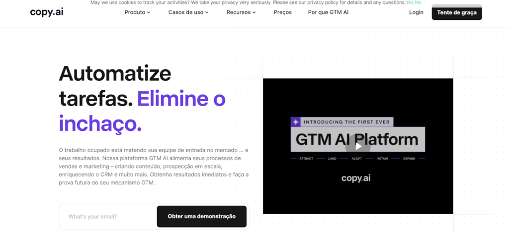 Print da ferramenta de inteligência artificial Copy.ai que ajuda a escrever textos jornalísticos. 