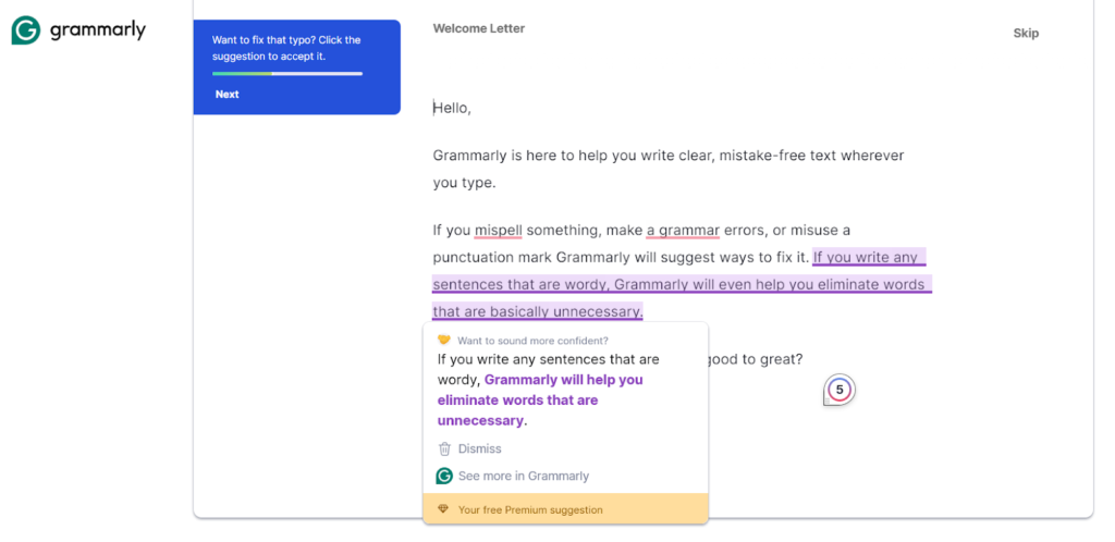 Print da ferramenta de inteligência artificial Grammarly, que ajuda a corrigir textos jornalísticos 