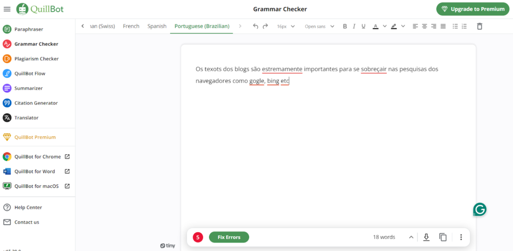 Print da ferramenta Quillbot, que ajuda a editar textos jornalísticos 