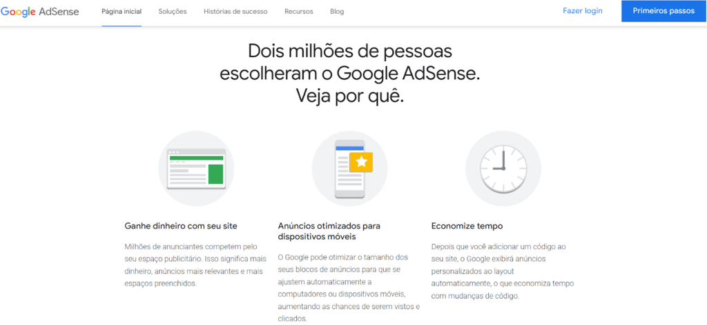 Print da página inicial do Google Adsense, uma das possibilidades de monetizar seu blog sendo jornalista digital