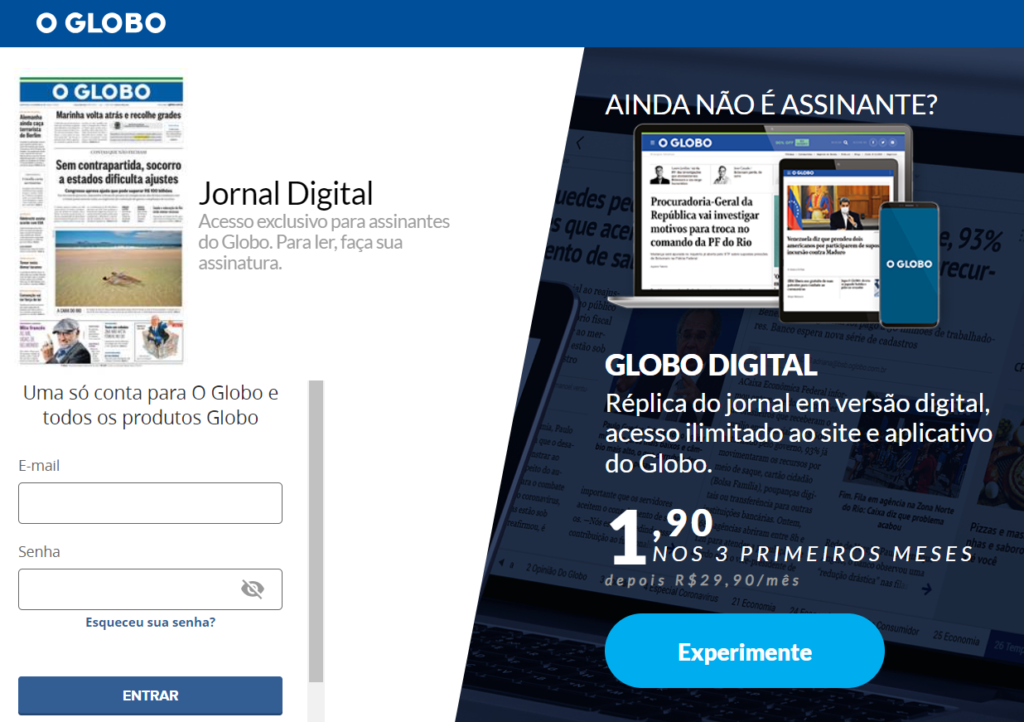 Área do jornal O Globo, na qual a pessoa pode se inscrever para receber conteúdos exclusivos 