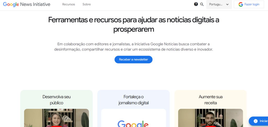 Exemplo de newsletter do Google News Initiative falando sobre ferramentas e recursos para ajudar notícias digitais a prosperarem 